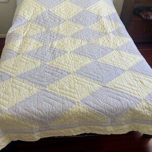 Vintage Yellow Blue Bedspread Beddding Pathwork Farmhouse Cotton Quilt 83"x83 "